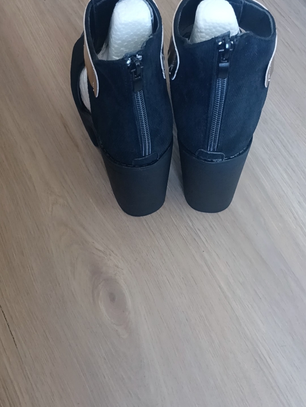 Women's Black Suede Block Heel Ankle Sandal with Back Zip
